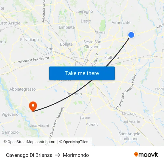 Cavenago di Brianza to Morimondo map