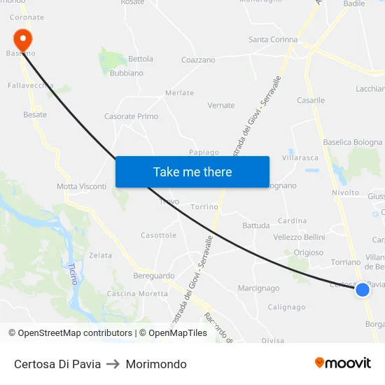 Certosa Di Pavia to Morimondo map