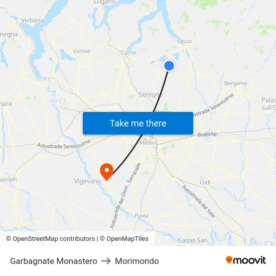 Garbagnate Monastero to Morimondo map