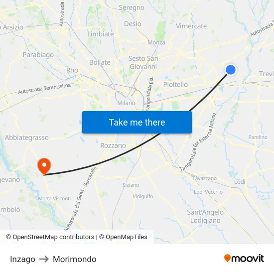 Inzago to Morimondo map