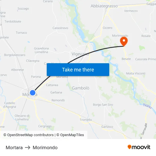 Mortara to Morimondo map