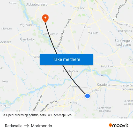 Redavalle to Morimondo map
