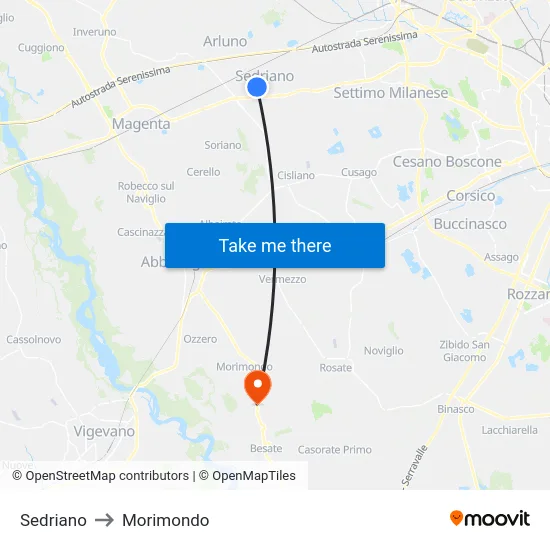 Sedriano to Morimondo map