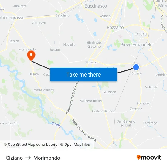 Siziano to Morimondo map