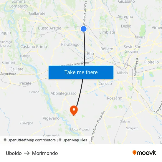 Uboldo to Morimondo map