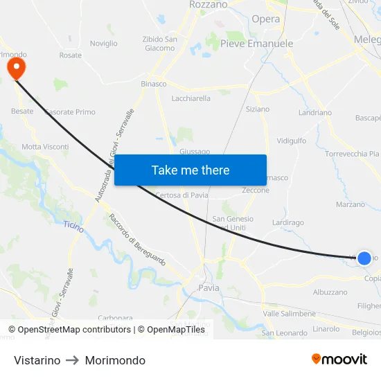 Vistarino to Morimondo map