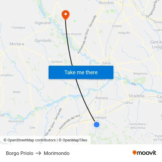 Borgo Priolo to Morimondo map