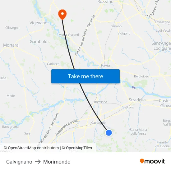 Calvignano to Morimondo map