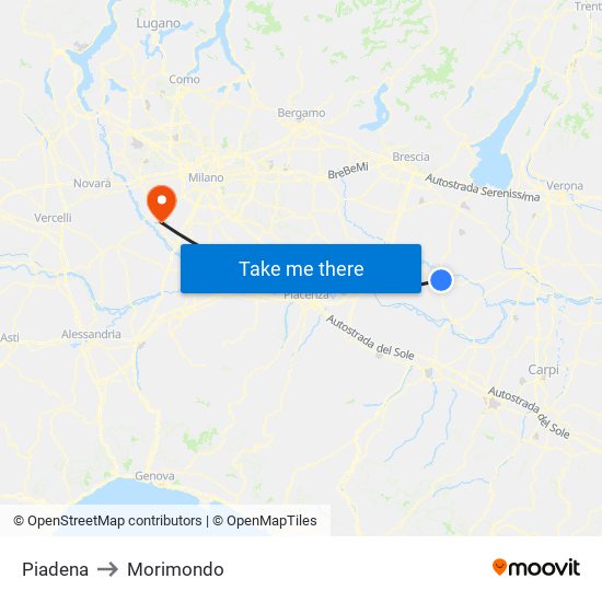 Piadena to Morimondo map