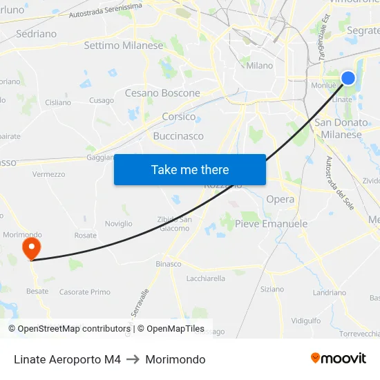 Linate Airport M4 to Morimondo map