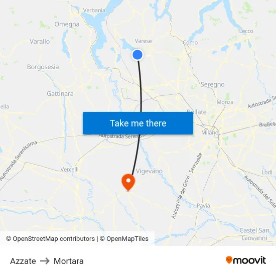 Azzate to Mortara map