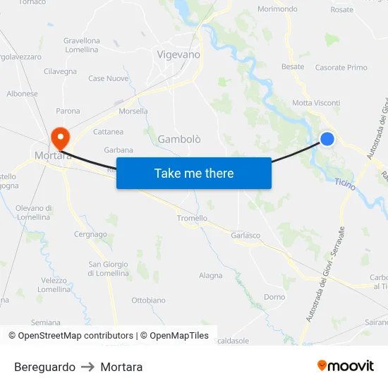 Bereguardo to Mortara map