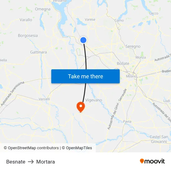 Besnate to Mortara map