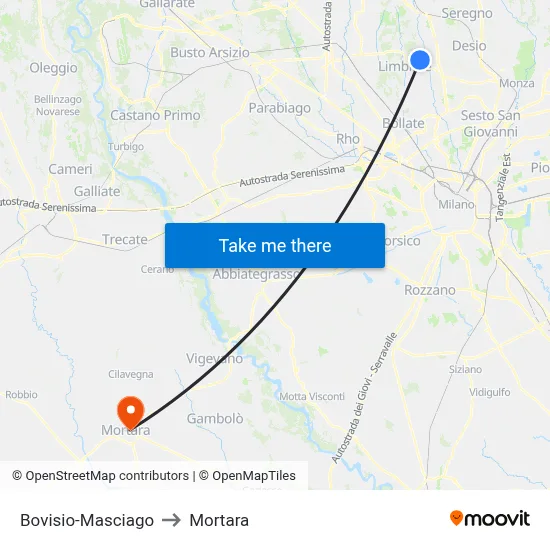 Bovisio-Masciago to Mortara map