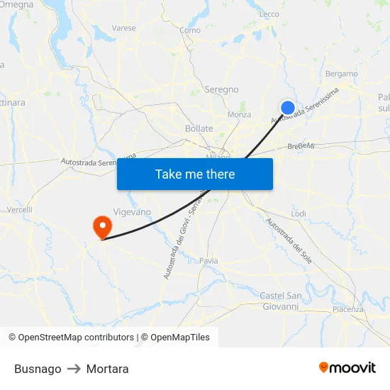 Busnago to Mortara map