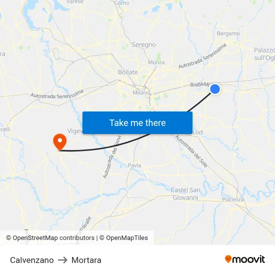 Calvenzano to Mortara map