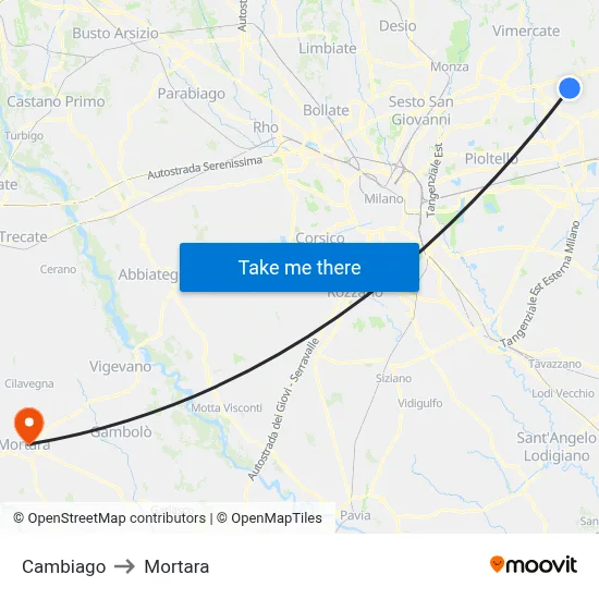 Cambiago to Mortara map