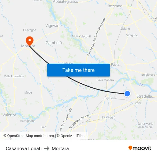 Casanova Lonati to Mortara map
