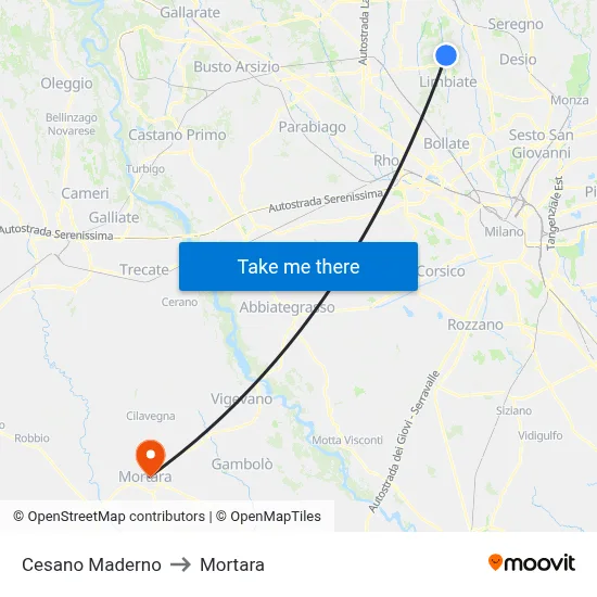 Cesano Maderno to Mortara map