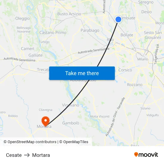Cesate to Mortara map