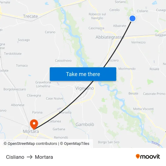 Cisliano to Mortara map