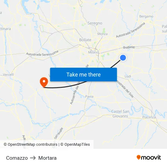 Comazzo to Mortara map