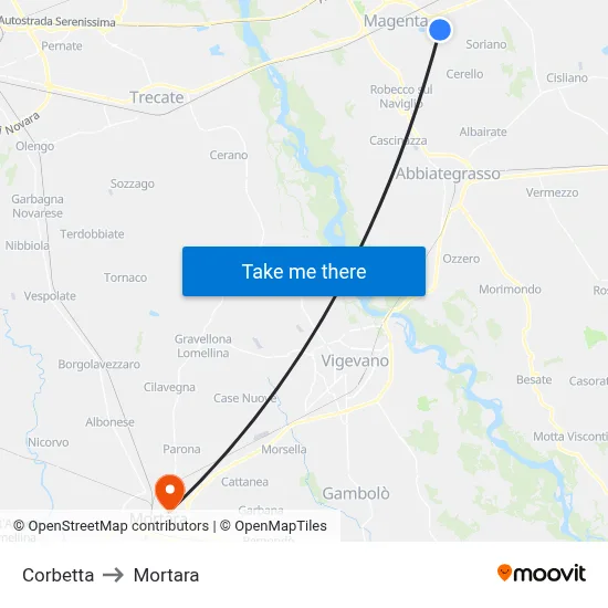 Corbetta to Mortara map