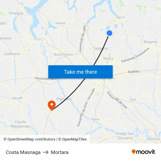 Costa Masnaga to Mortara map
