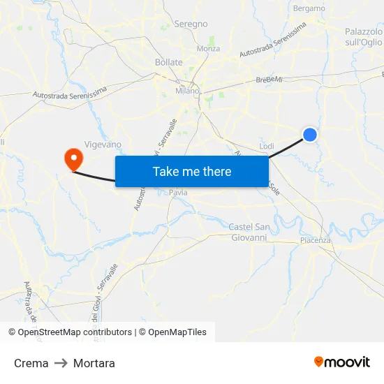 Crema to Mortara map