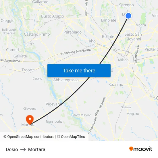 Desio to Mortara map