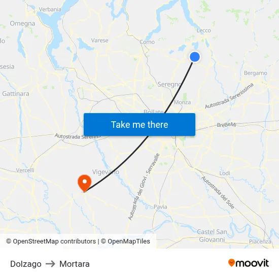 Dolzago to Mortara map