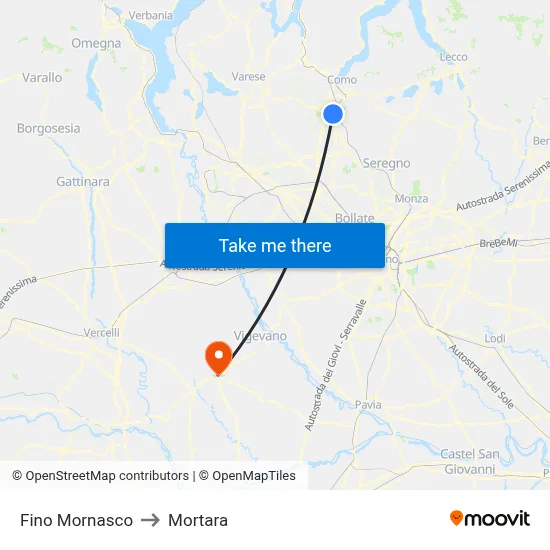 Fino Mornasco to Mortara map