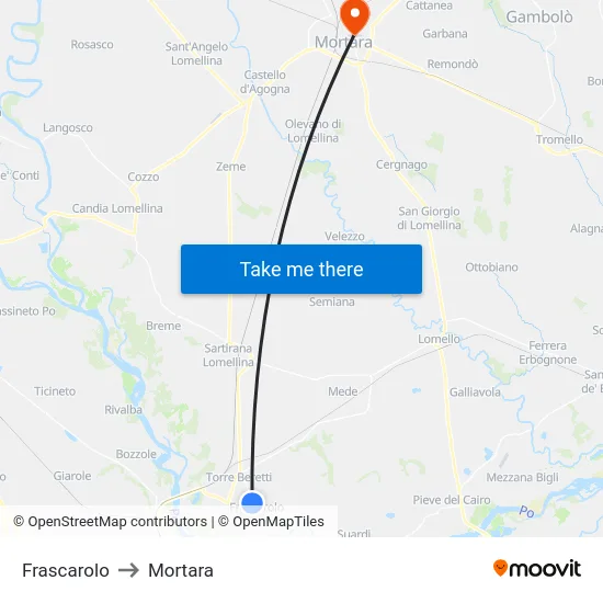 Frascarolo to Mortara map