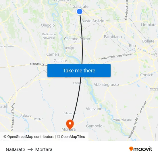 Gallarate to Mortara map