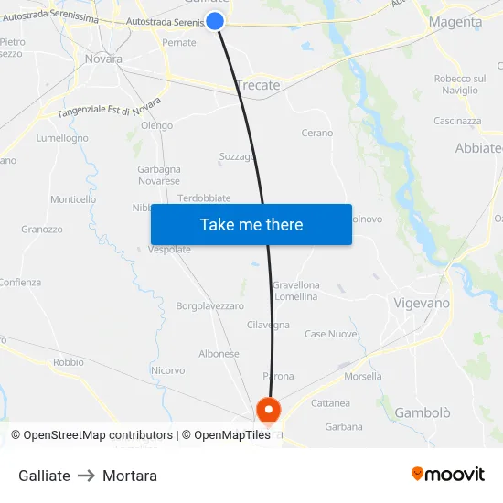 Galliate to Mortara map