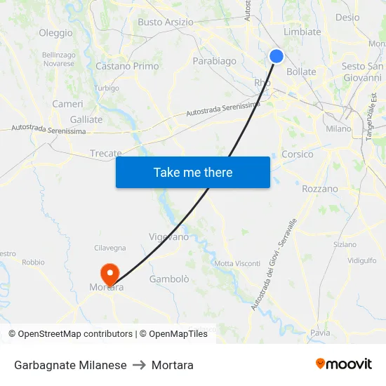 Garbagnate Milanese to Mortara map