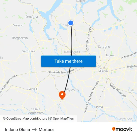 Induno Olona to Mortara map