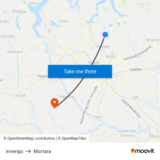 Inverigo to Mortara map