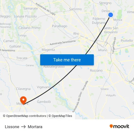 Lissone to Mortara map