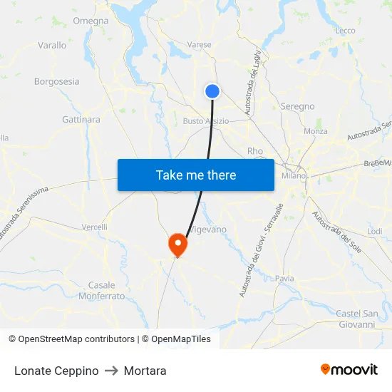 Lonate Ceppino to Mortara map