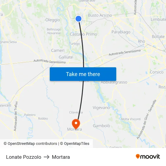 Lonate Pozzolo to Mortara map