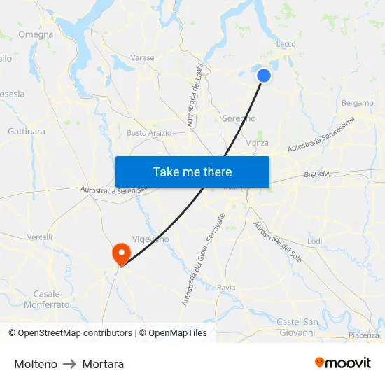 Molteno to Mortara map