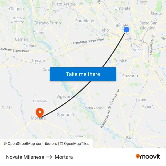 Novate Milanese to Mortara map