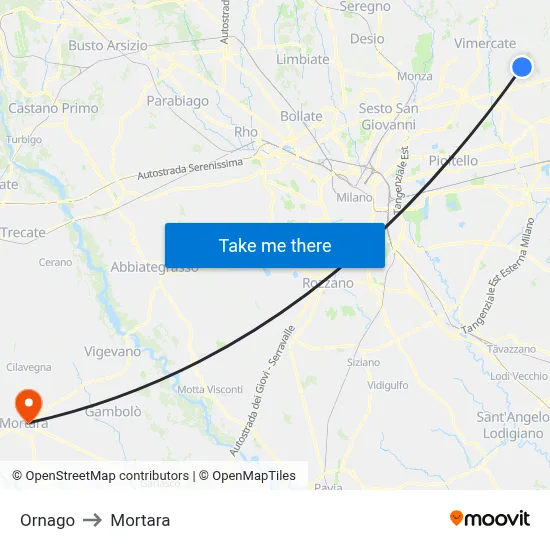 Ornago to Mortara map