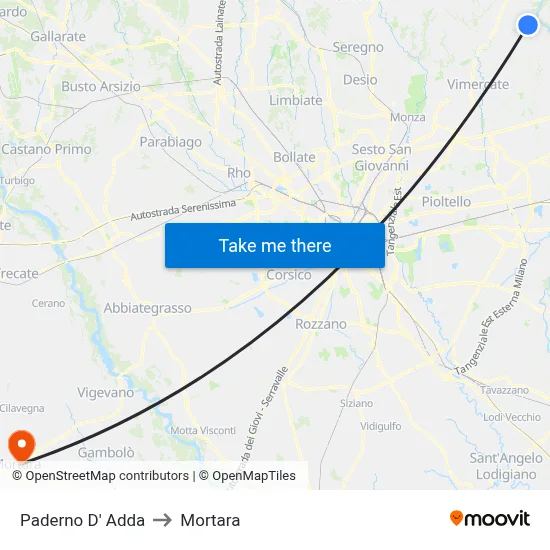 Paderno D'Adda to Mortara map