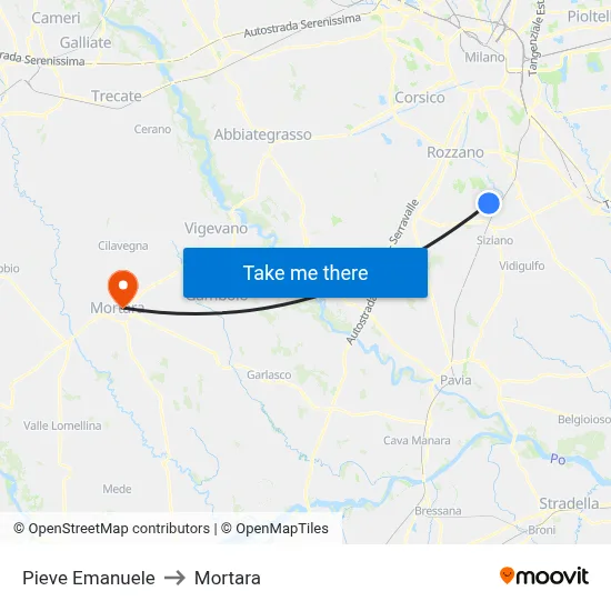 Pieve Emanuele to Mortara map