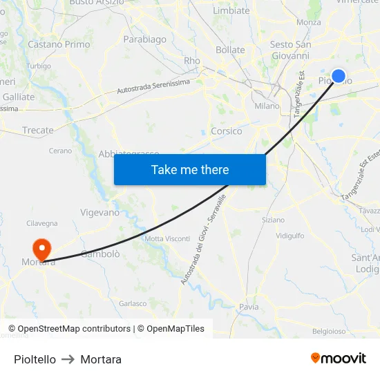 Pioltello to Mortara map