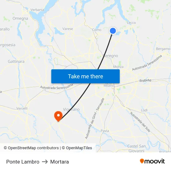 Ponte Lambro to Mortara map
