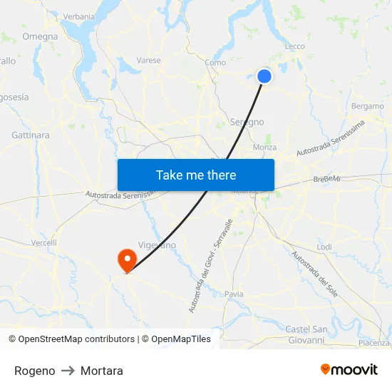 Rogeno to Mortara map