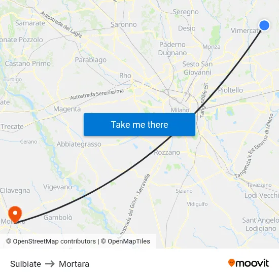 Sulbiate to Mortara map